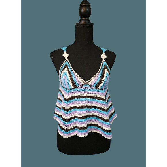 2/$35 POL Crochet Striped V-Neck Babydoll Cropped Boho Hippie Girl Top Women S - Picture 3 of 9